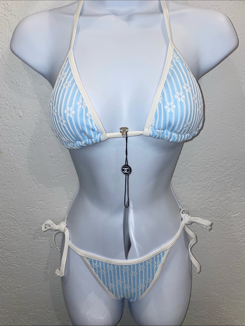 Blue striped bikini with floral print